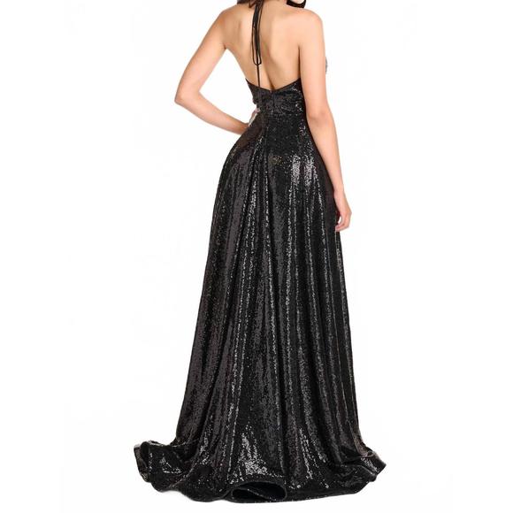 NEW AVA PRESLEY halter neck a-line sequin gown in black - Picture 2 of 2